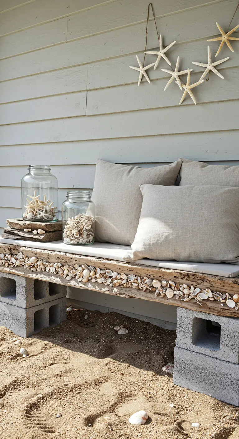 A cinder block bench decorated with a line of seashells and styled with jars of shells.
