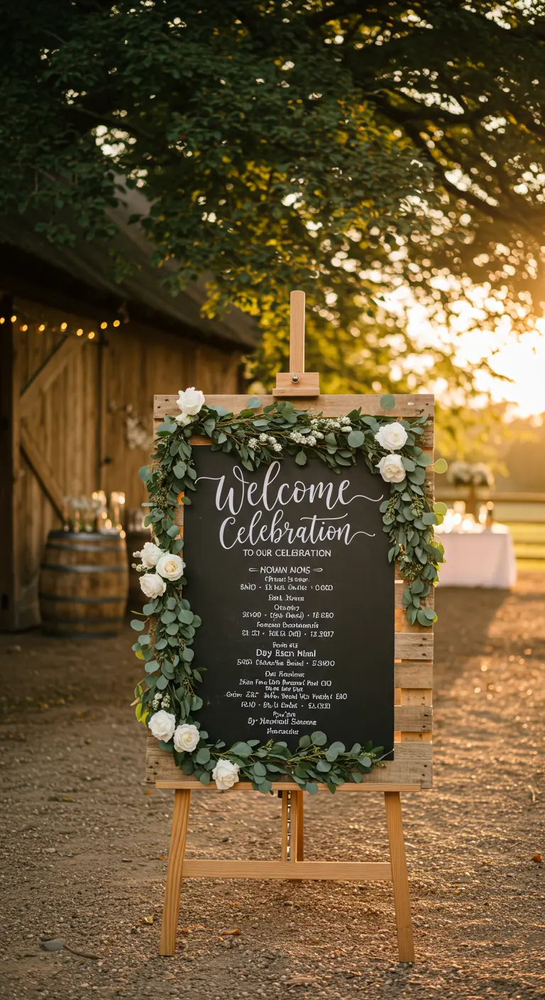 A chalkboard wedding welcome sign on an easel, adorned with a floral garland.