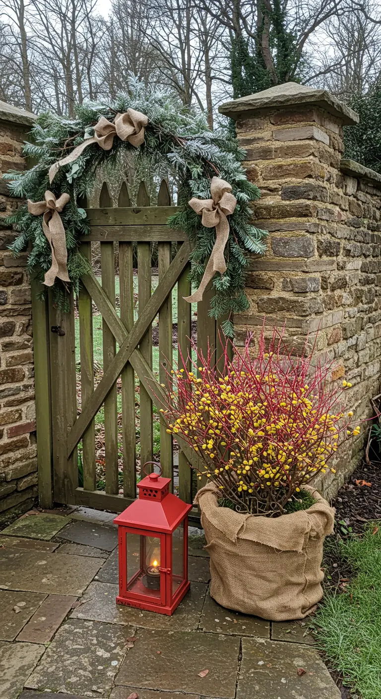 A wooden gate with a fir and burlap wreath, next to a pot of yellow winterberries and a red lantern.