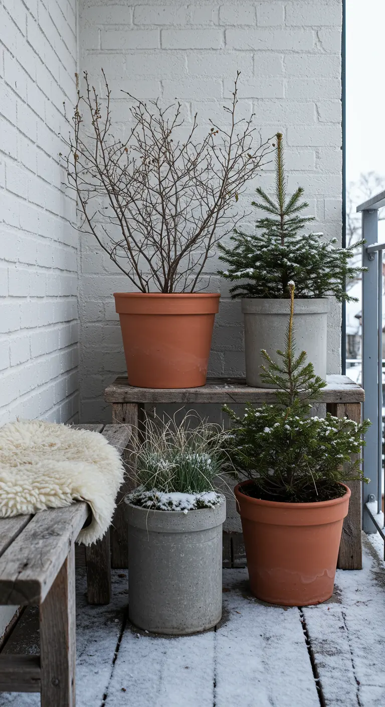 A collection of terracotta and concrete pots with winter plants on a snowy balcony.
