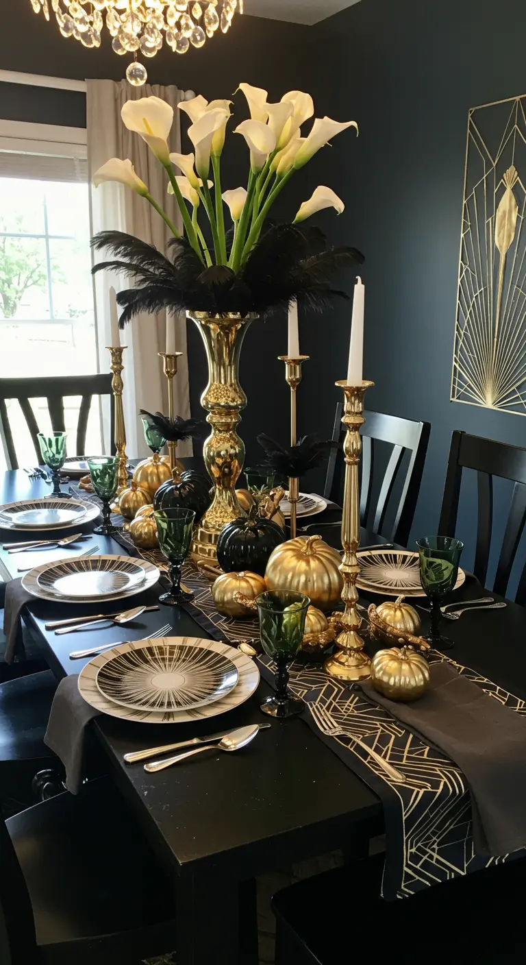 An Art Deco-inspired Thanksgiving table in black and gold, with calla lilies and feathers in a vase.
