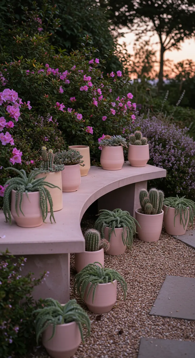 A curved, light pink concrete bench adorned with a collection of succulents in matching pink pots.