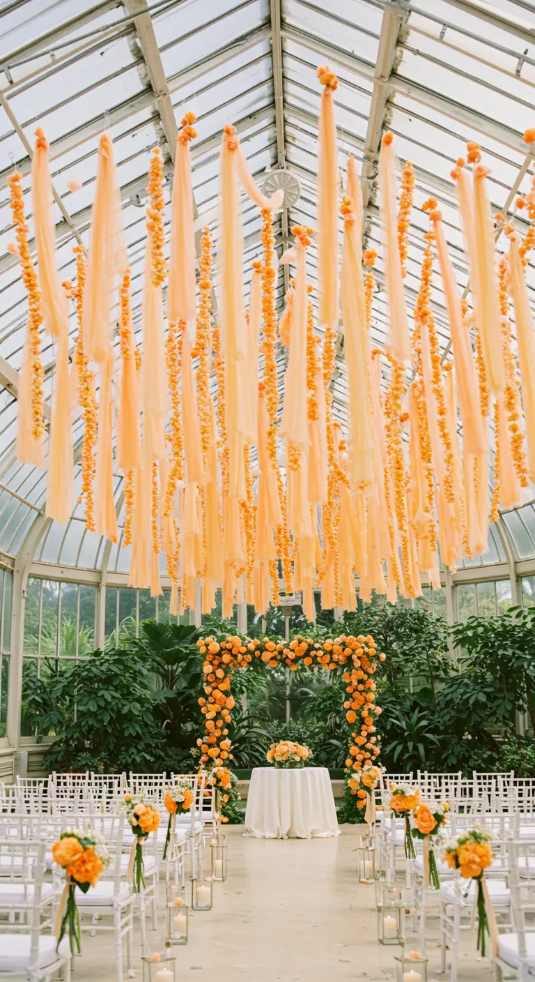 A conservatory ceiling filled with hanging strips of peach tulle and flowers.