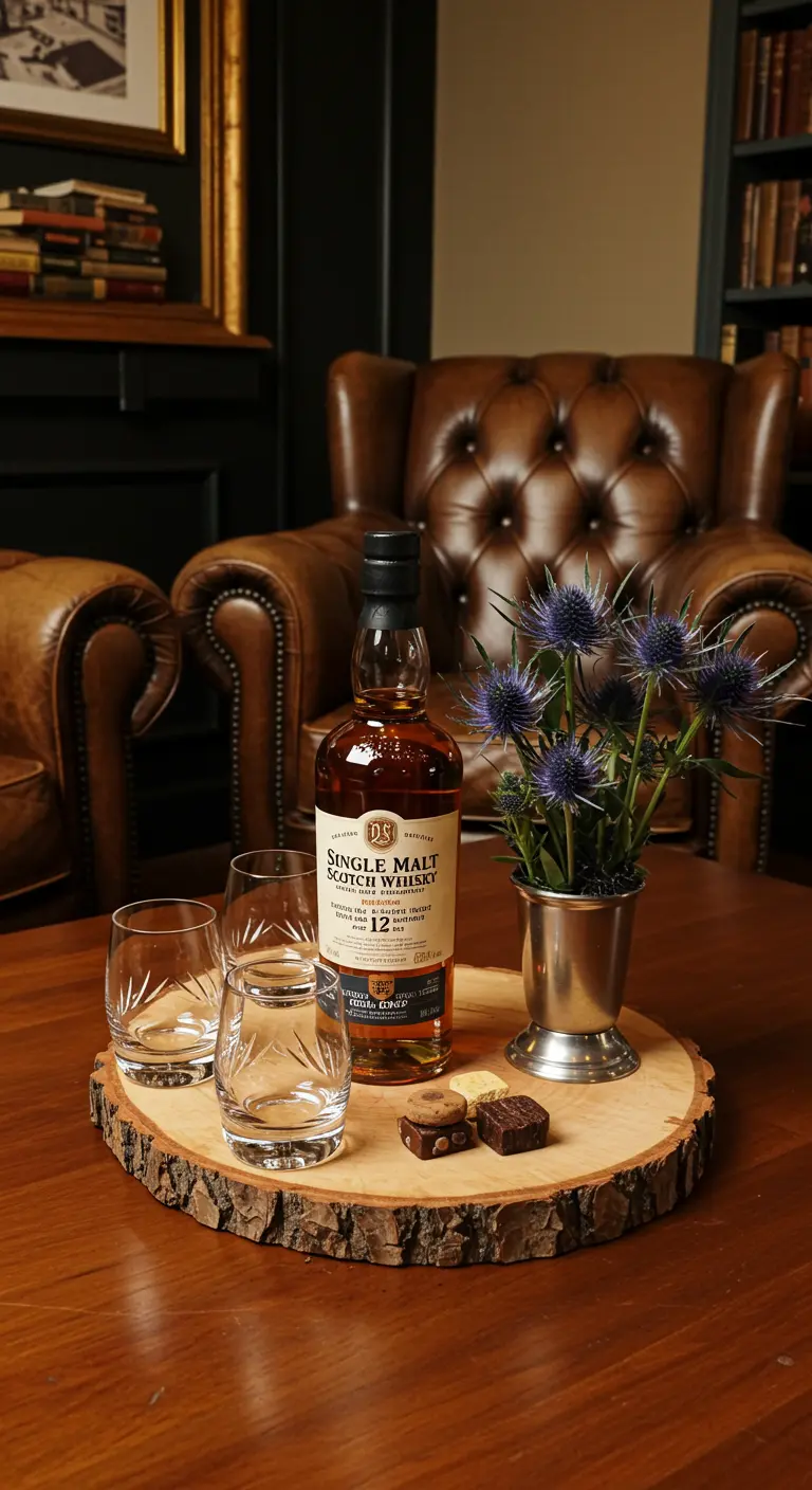 A wood slice serving as a tray for a bottle of whisky, glasses, and a small floral arrangement.