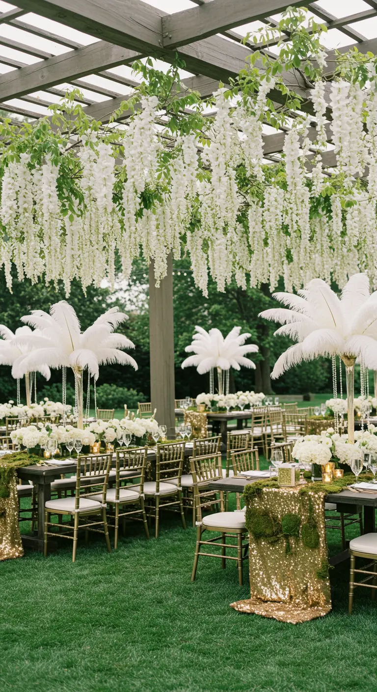 Glamorous outdoor party with gold chairs, feather centerpieces, and a white wisteria pergola.