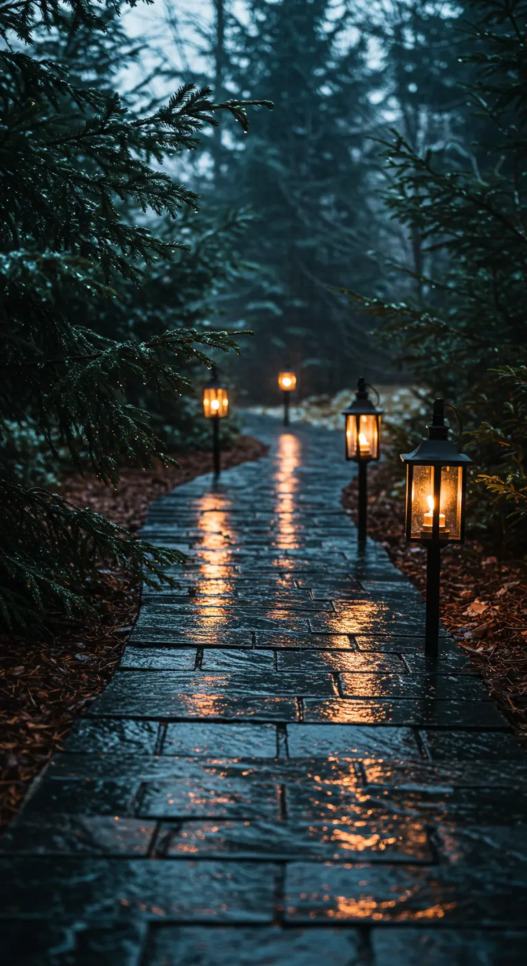 A wet stone path in a dark forest, lit by glowing post lanterns.