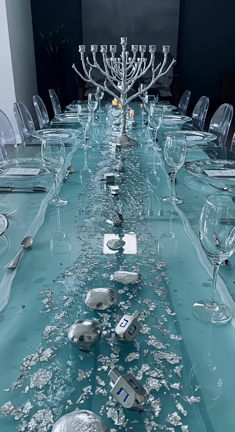 A modern glass table with a runner made of scattered silver leaf flakes and silver dreidels.