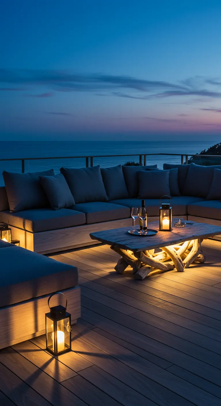 A low wooden sectional on a deck at night with a driftwood table lit from within.