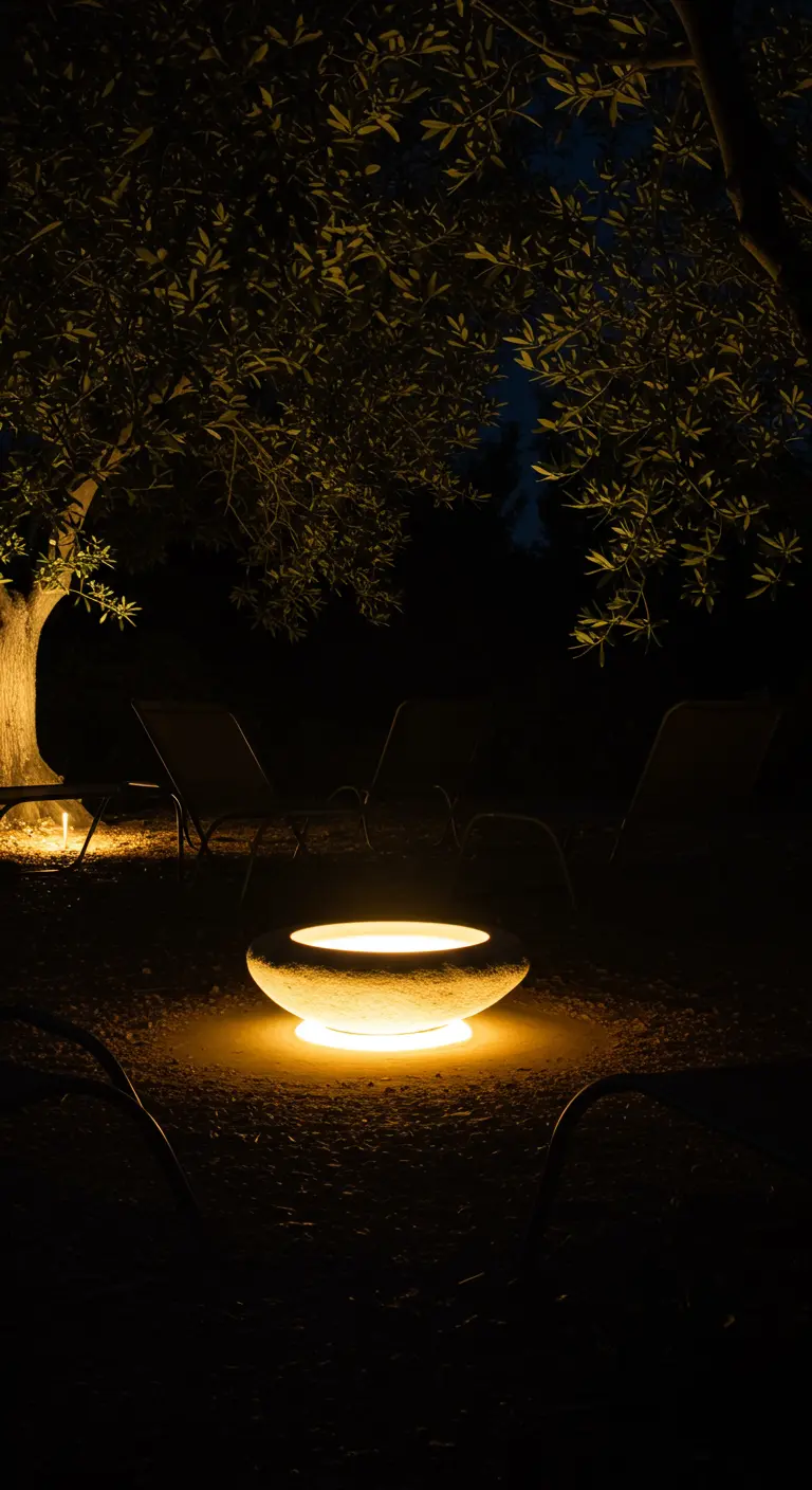 A low stone bowl birdbath glowing from within, surrounded by chairs in a dark garden.