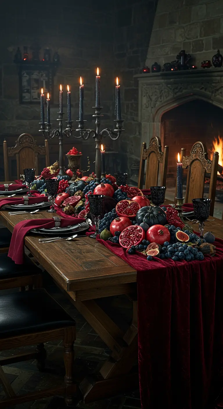 A lavish tablescape with dark velvet pumpkins, pomegranates, grapes, and figs on a red runner.