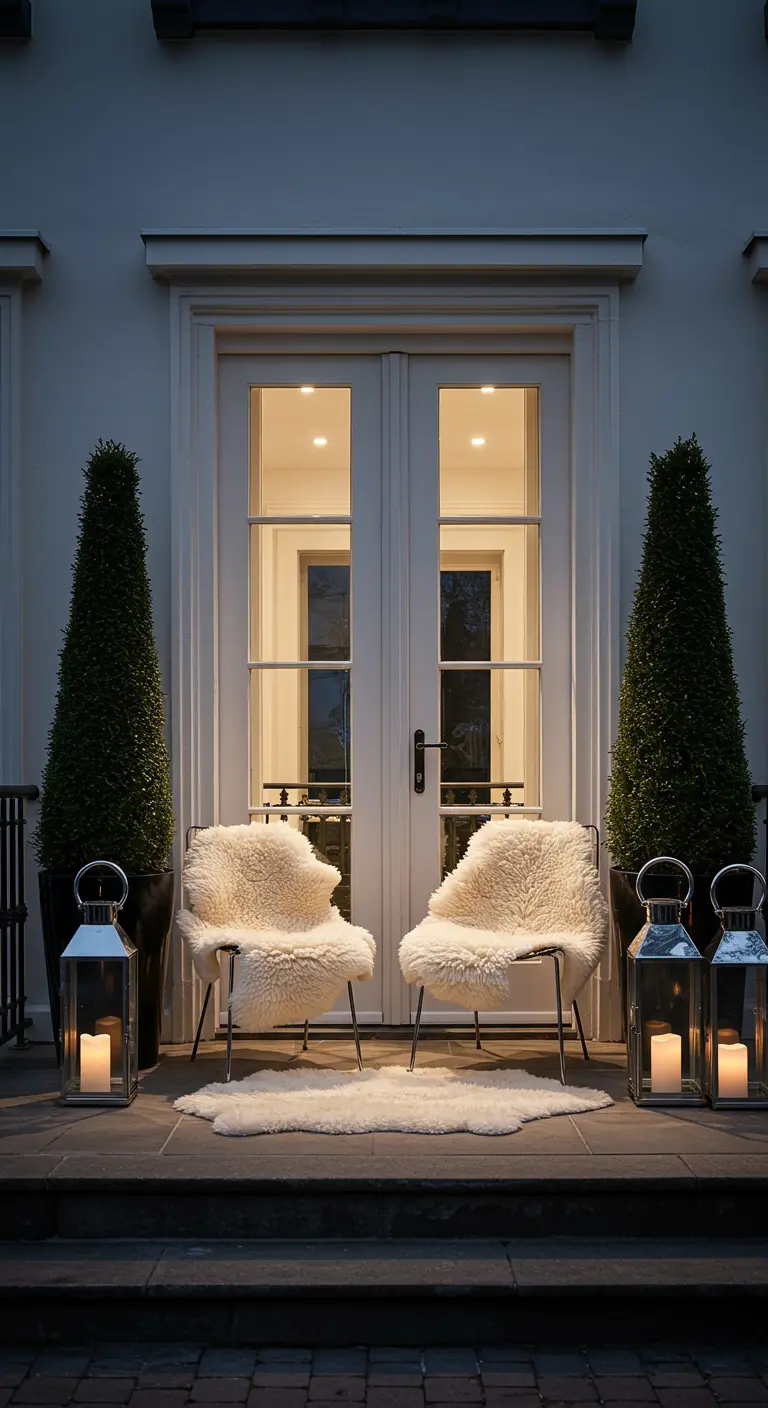 An elegant front patio with two chairs with sheepskins, flanked by tall trees and lanterns.