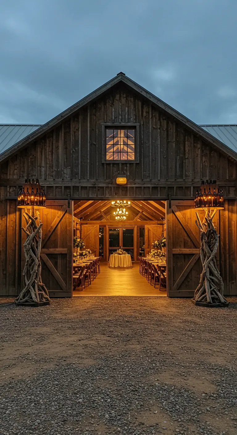 Two large driftwood sculptures holding multiple bottle lanterns at the entrance to a barn.