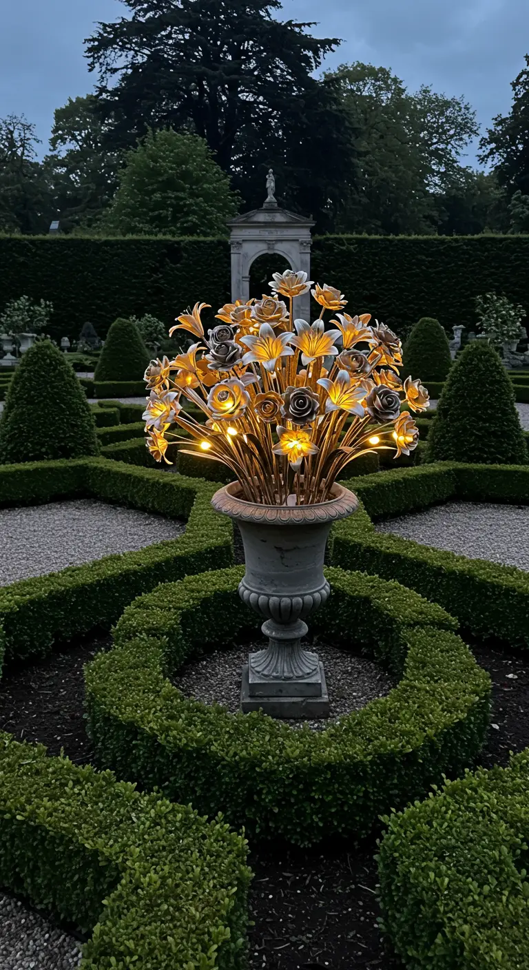 A large, ornate urn filled with a bouquet of gold and silver solar flower lights.