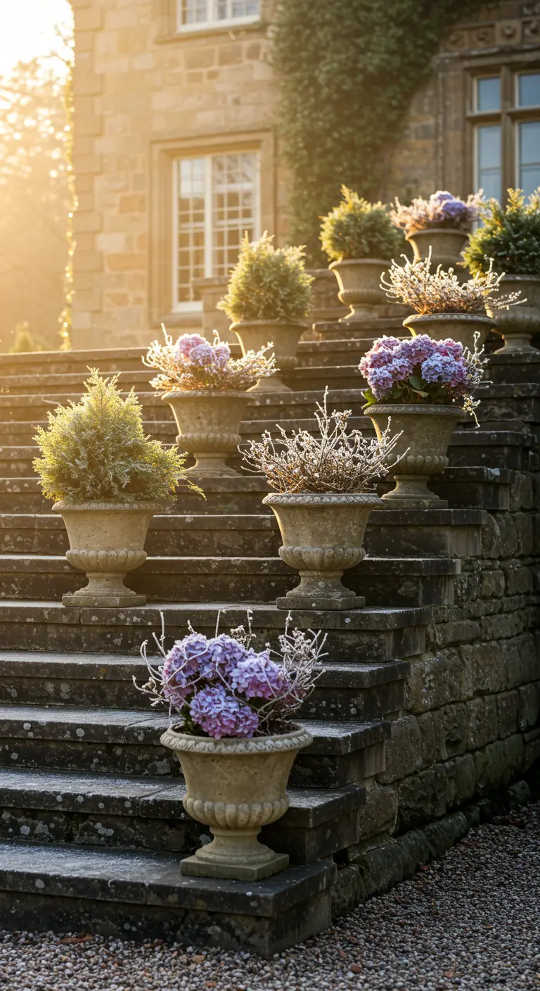 Stone steps of a large house lined with urns containing frosted shrubs and purple hydrangeas.