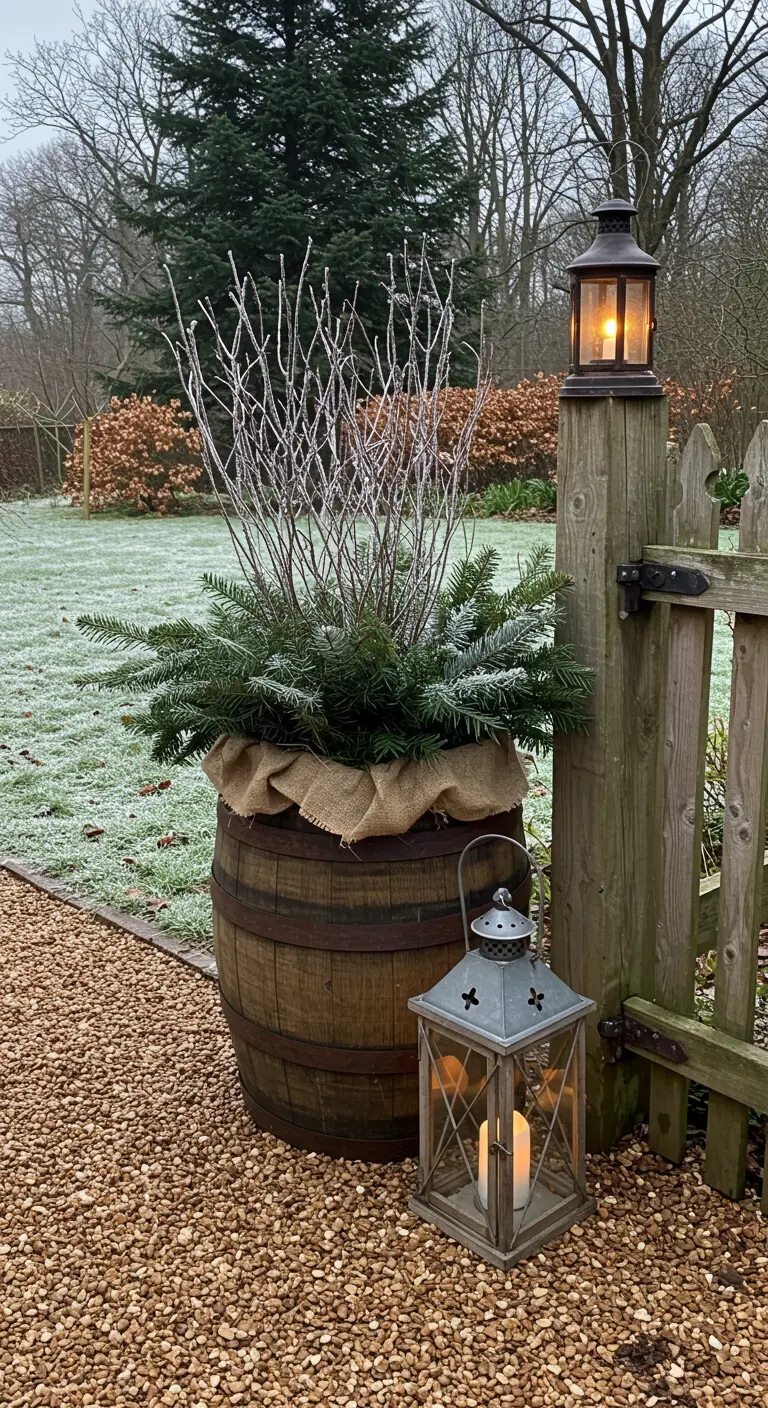 A barrel planter at a garden gate, filled with fir boughs, frosty twigs, and a lantern beside it.