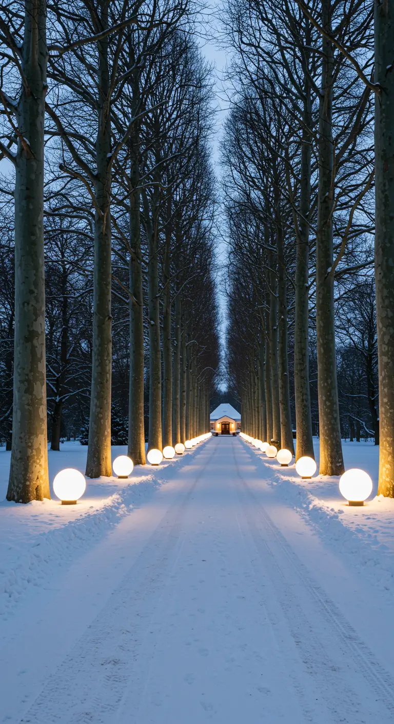 A long, snowy driveway lined with tall trees, each with a glowing orb at its base.