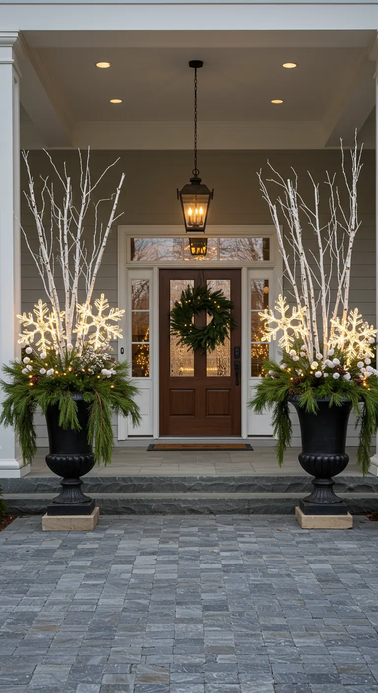 Two large black urns at a front door, filled with greenery, white branches, and large snowflakes.