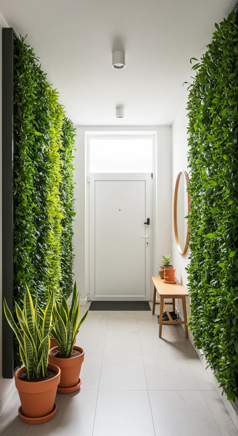 Narrow entryway flanked by two tall, lush green plant walls, leading to a white door.