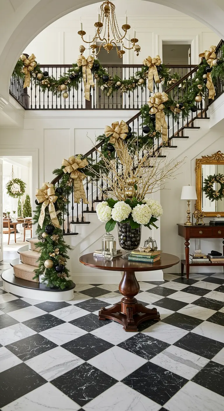 Grand staircase decorated with Christmas garlands and large gold bows.