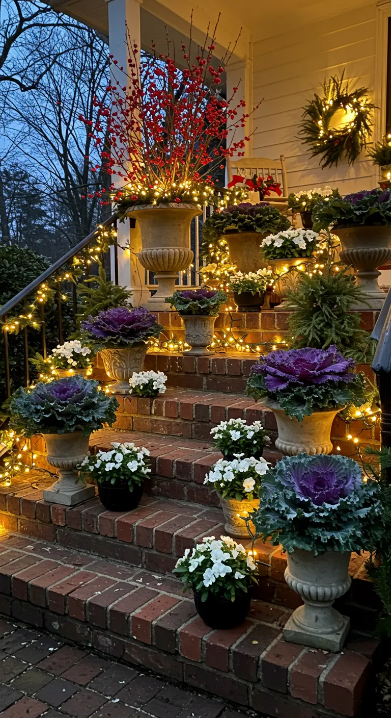 A cascade of planters with purple kale and lights on brick steps.