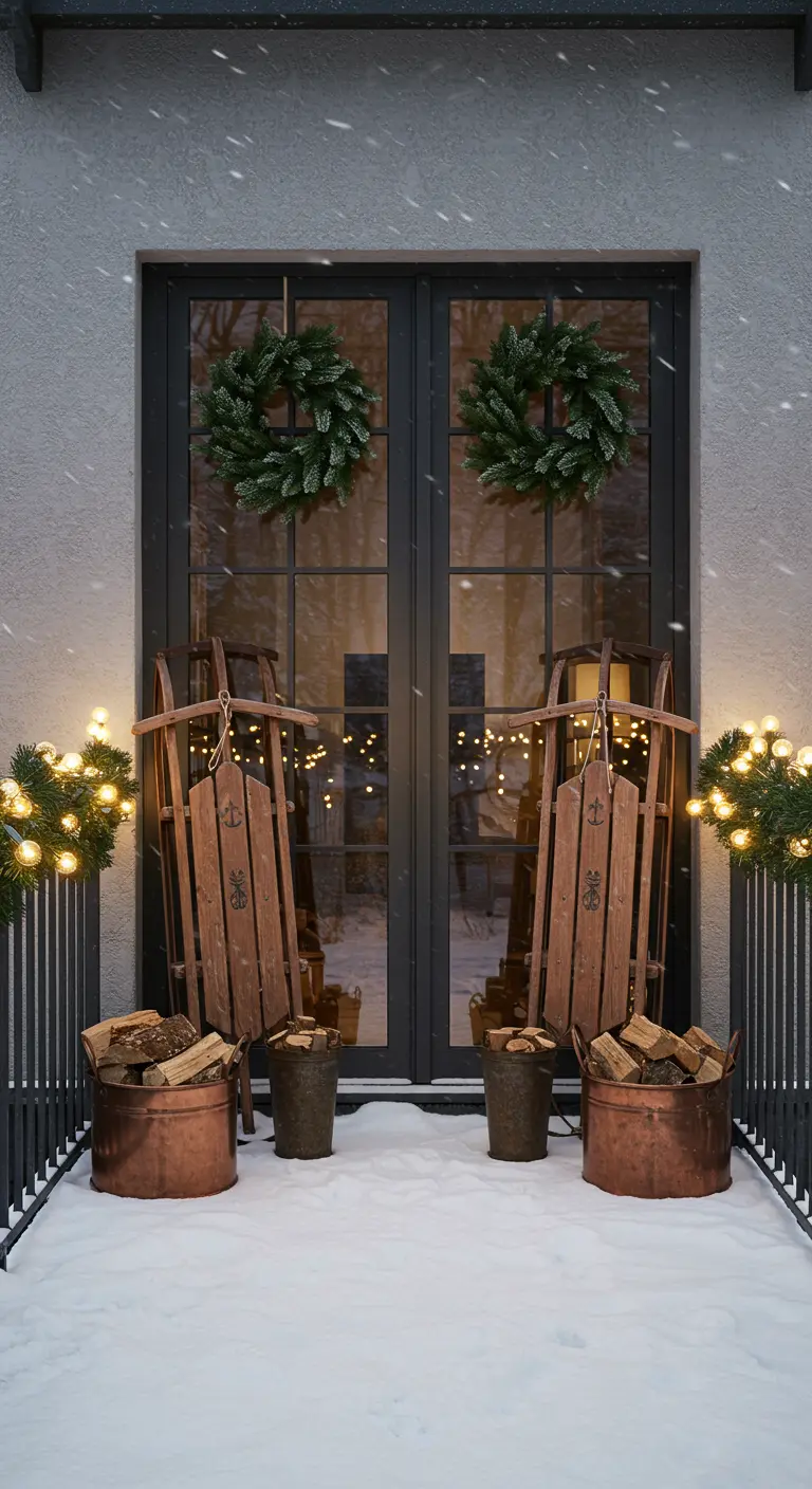Symmetrical balcony entrance with two sleds, two wreaths, and copper buckets of firewood.
