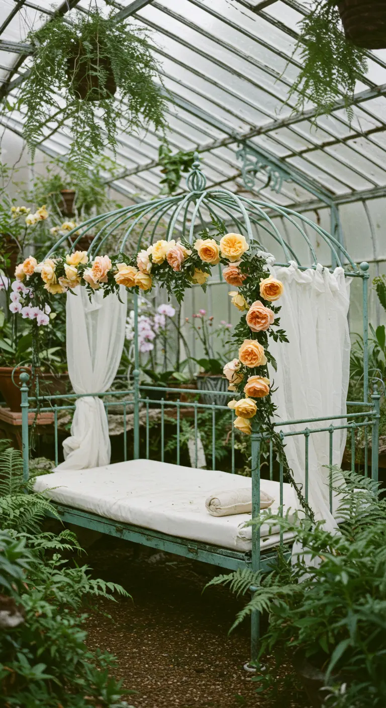 An ornate, weathered green daybed with a canopy in a greenhouse, adorned with yellow roses.