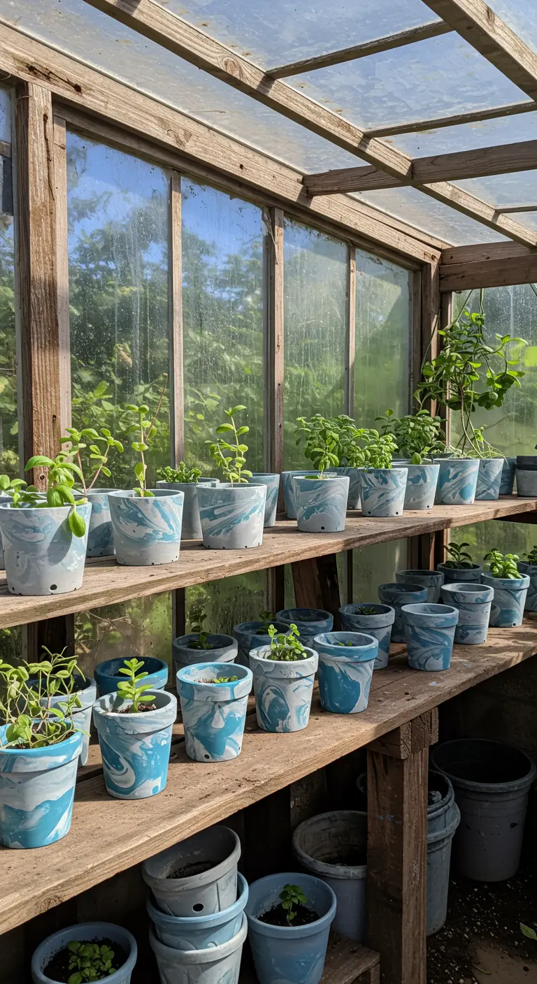 Rows of small, sky-blue and white marbled terracotta pots with seedlings in a greenhouse.