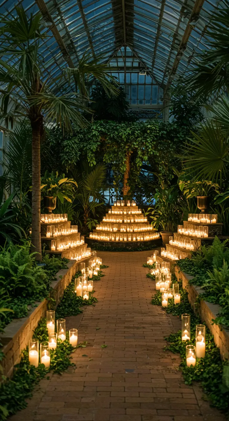A greenhouse aisle with hundreds of candles on tiered shelves.