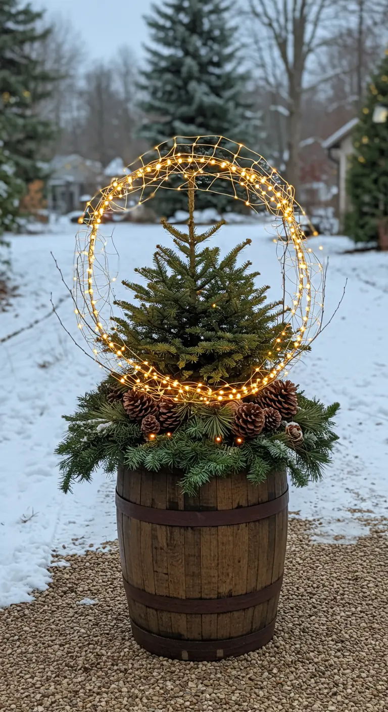 A mini pine tree in a barrel planter, encircled by a halo of warm fairy lights.