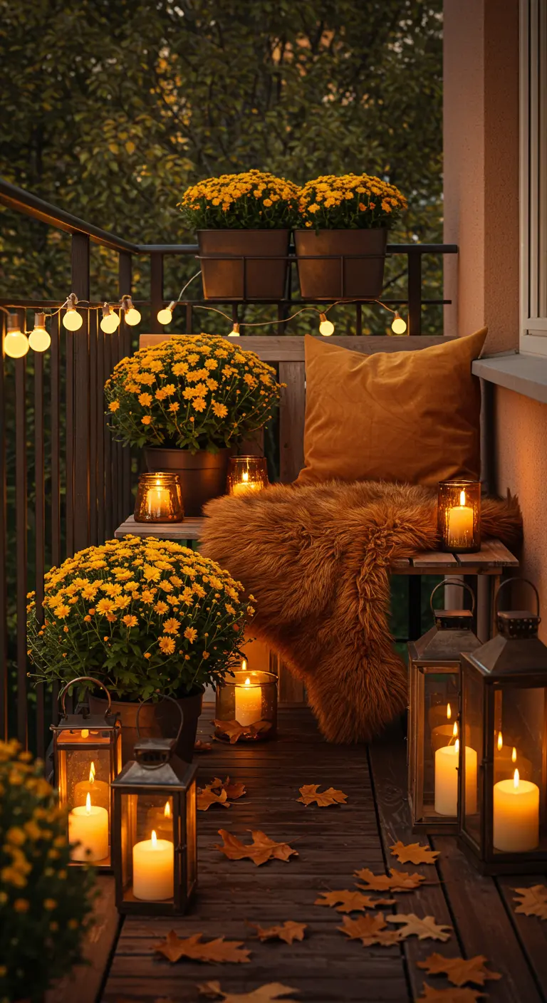 An autumn-themed balcony with pots of yellow marigolds, a brown fur throw, and lanterns.
