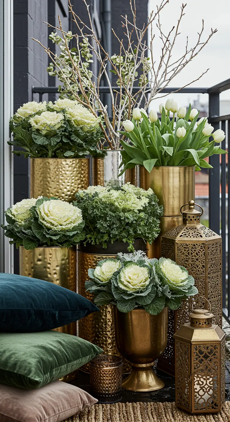 A lush arrangement of gold planters filled with white tulips, ornamental kale, and gold lanterns.
