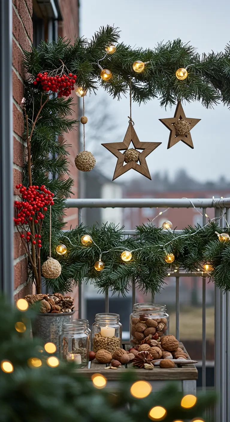 A balcony decorated with garland, red berries, wooden stars, and jars of nuts.