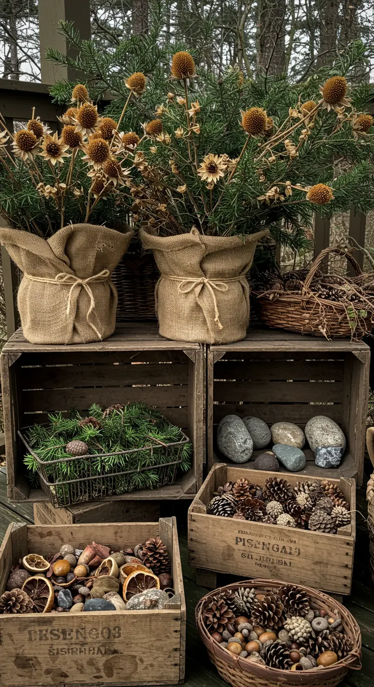 A layered display of wooden crates and baskets filled with pine cones, dried flowers, stones, and acorns.