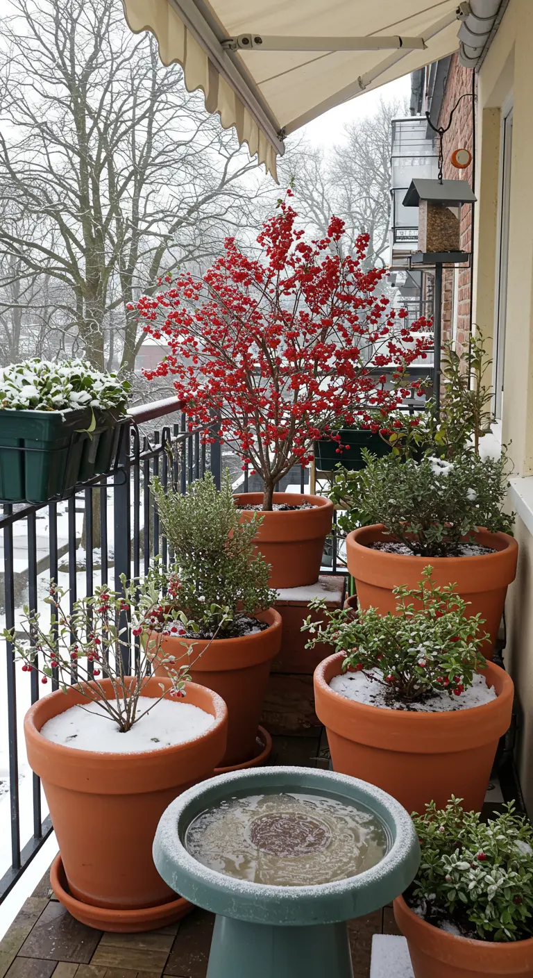 A terracotta-filled balcony with a red winterberry bush, a bird bath, and other evergreens.