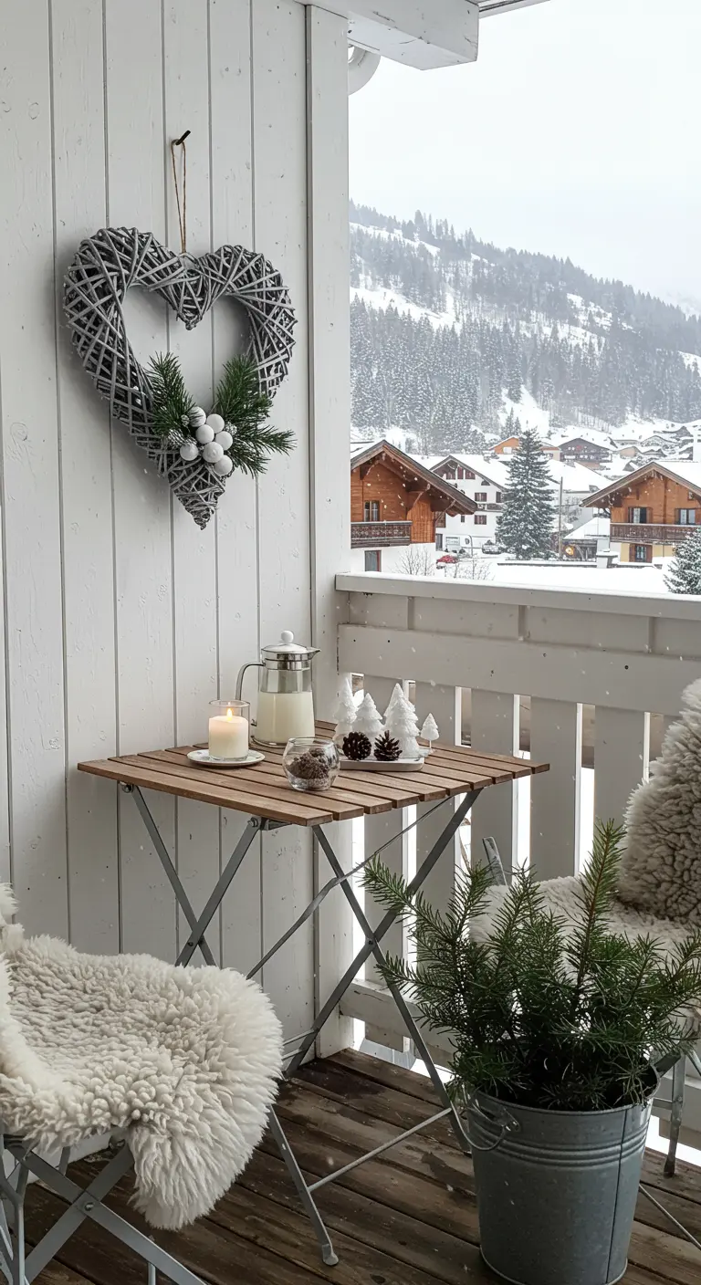 A grey wicker heart-shaped wreath with pine sprigs on a white balcony wall in the snow.