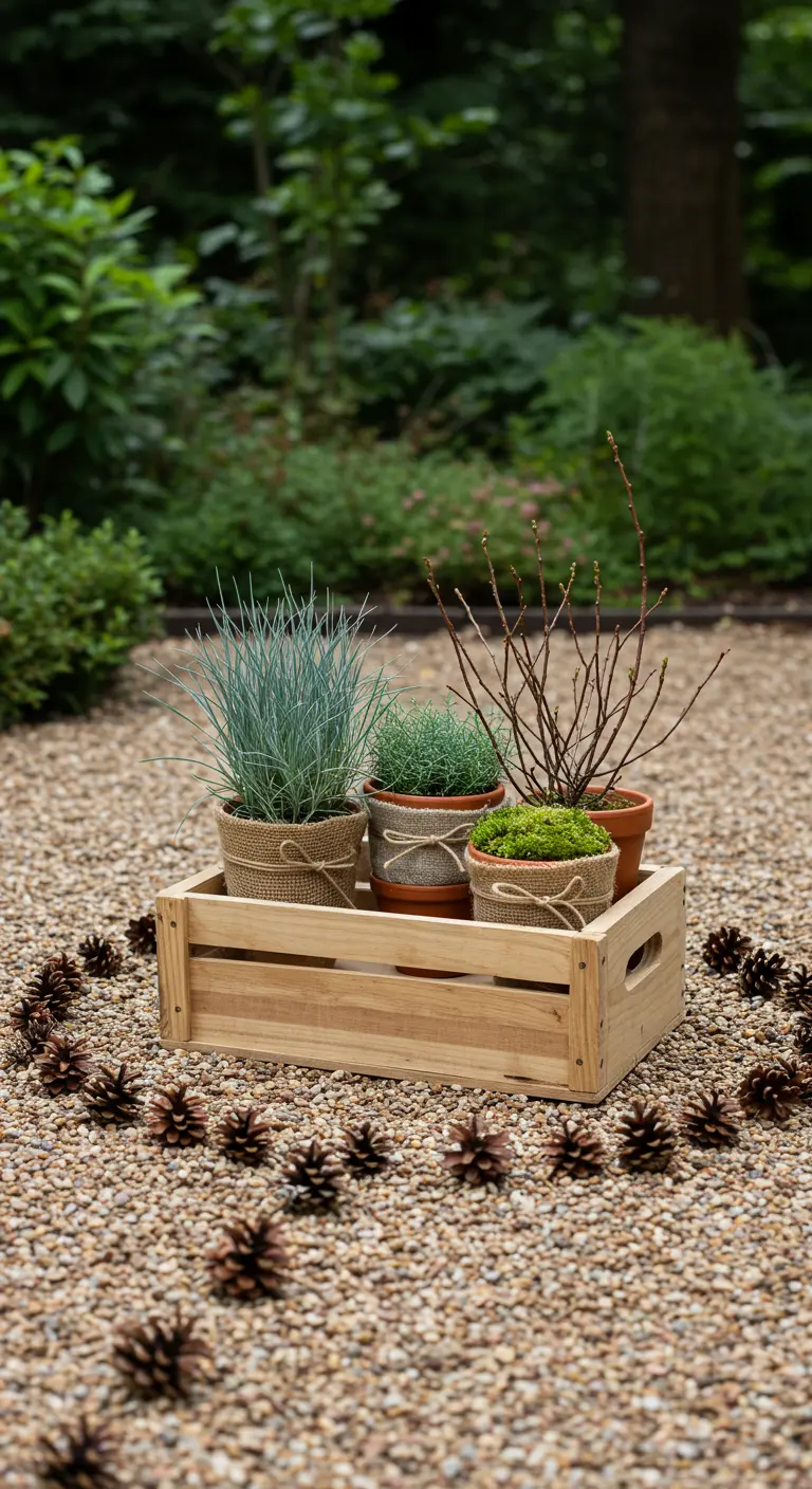A wooden crate holding small potted plants is surrounded by pine cones arranged in a heart shape.