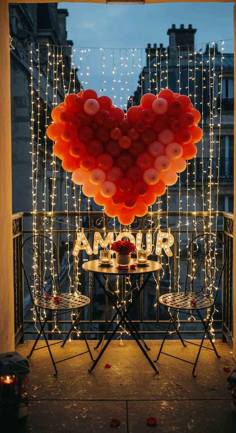 A heart-shaped balloon arrangement in red and pink hangs on a Parisian balcony with a bistro set.