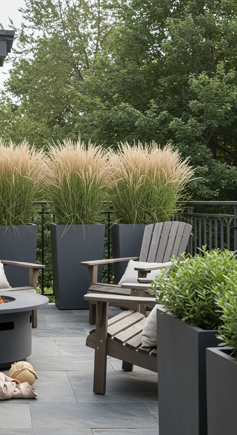 Tall ornamental grasses in modern rectangular planters create a natural privacy screen.