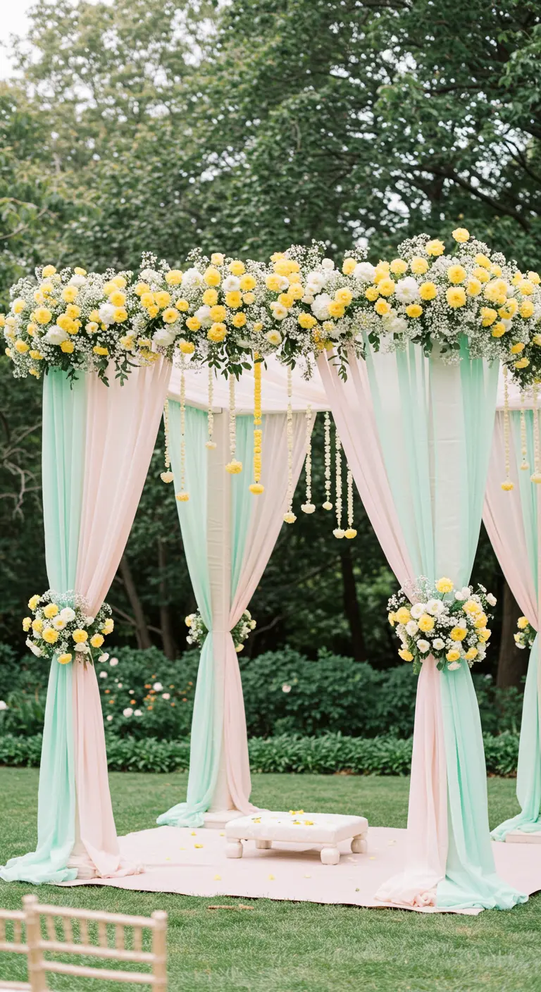 A light and airy wedding mandap with pastel pink and mint green drapes and yellow flowers.