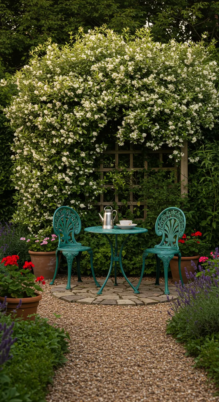 A teal bistro set on a gravel circle, in front of a jasmine-covered trellis.