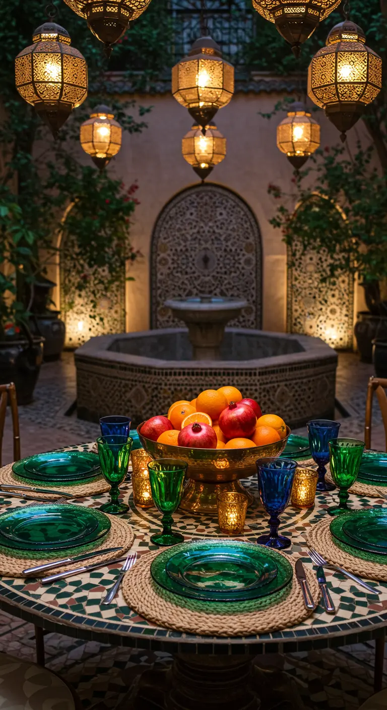 A Moroccan-themed table with hanging lanterns, a mosaic table, and a bowl of pomegranates.