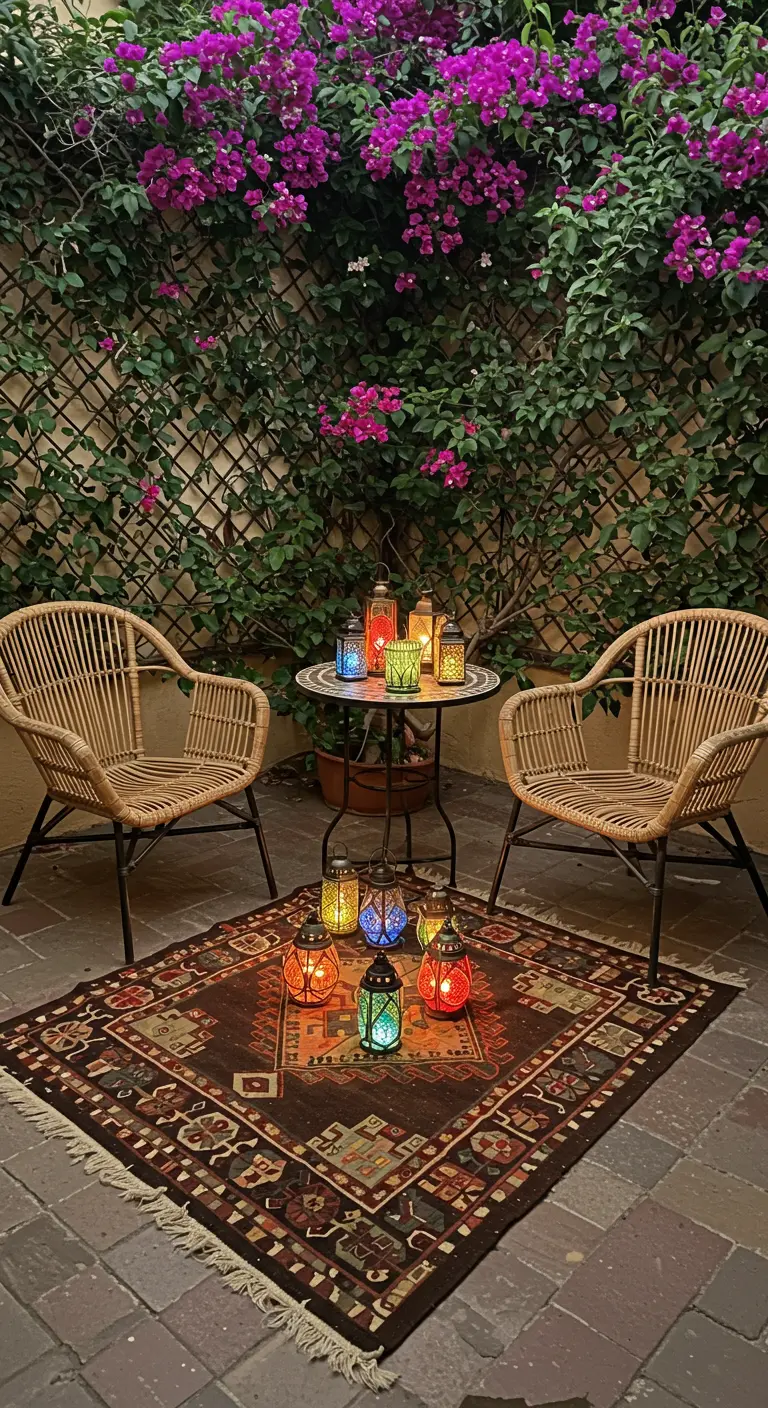 Intimate patio corner with two rattan chairs, a small table, and colorful lanterns on a kilim rug.