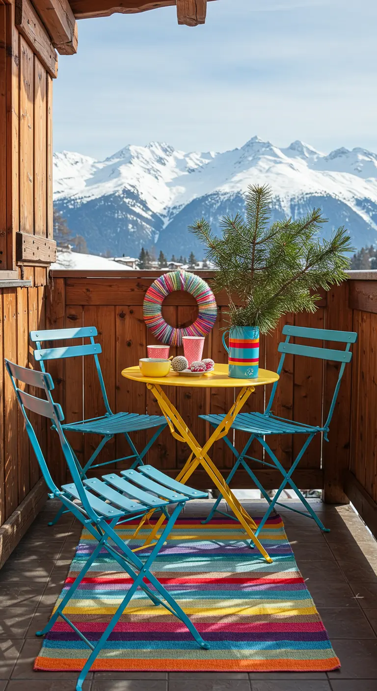 A colorful balcony with a bright yellow table, turquoise chairs, and a striped rug.