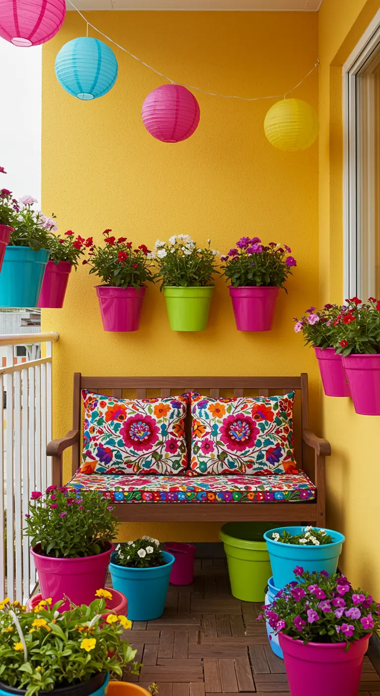 A colorful balcony with a yellow wall, bright pink and green pots, and floral cushions.