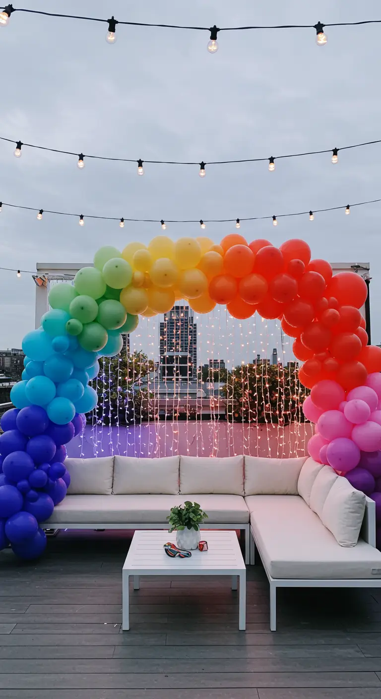 A full rainbow balloon arch over a modern white sectional on a city rooftop patio.
