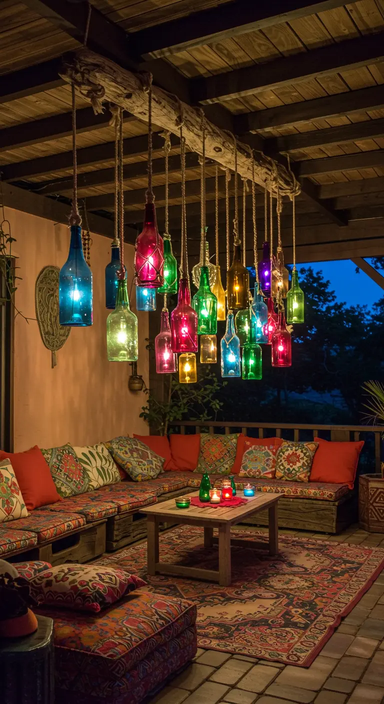 Colorful glass bottle chandelier hanging over a vibrant bohemian patio at night.