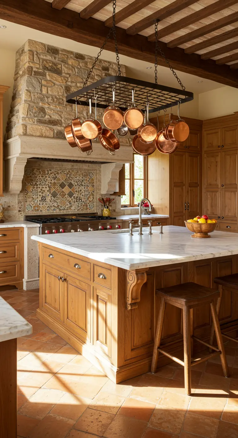 Tuscan kitchen with stone wall, wood cabinets, and hanging copper pots.