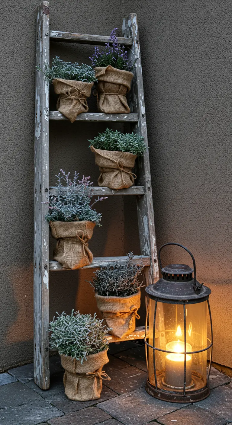 A rustic ladder holds burlap-wrapped pots of herbs, with a large lantern glowing beside it.