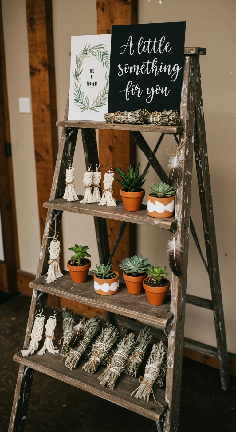 A rustic wooden ladder is used as shelves to display party favors like succulents and sage bundles.