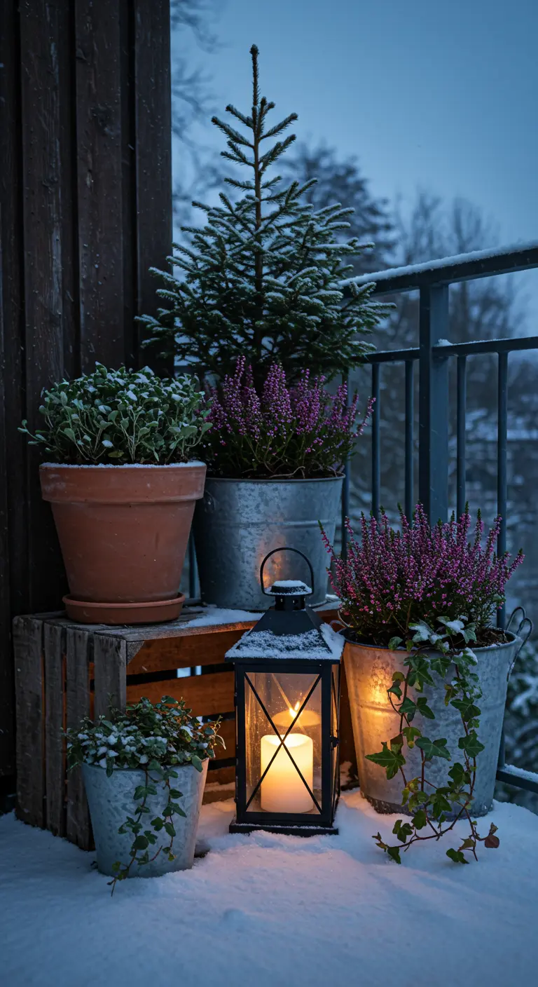 A candlelit lantern surrounded by winter plants in rustic pots on a snowy balcony.